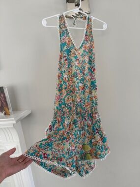 Poupette St. Barth Teal Floral Halter Romper Dress with Tassels
